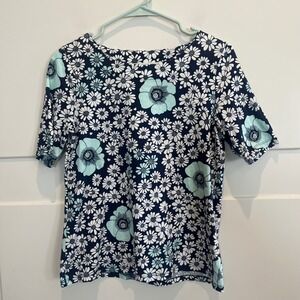 Talbots Small Petite Floral Print Pima‎ Cotton Short Sleeve Top Navy Blue White